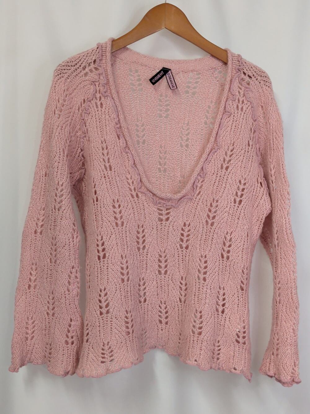 Vivement Dimanche Pink Boho Open-Knit Bell Sleeve Sweater Size M